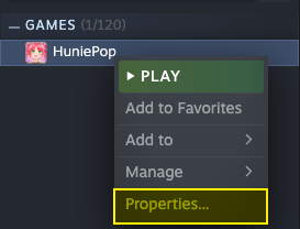 Open game properties on Steam by right-clicking the game name