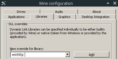 Add "winhttp" library override in winecfg Libraries tab