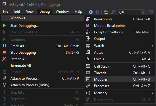 Debug > Windows > Modules in dnSpy