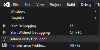 Select Debug > Attach Unity Debugger in Visual Studio