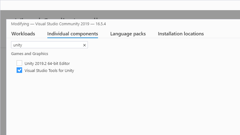 Select "Visual Studio Tools for Unity" component in Visual Studio installer