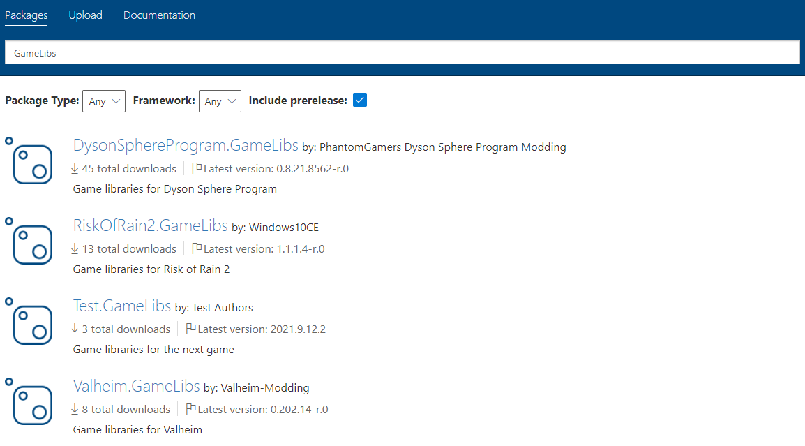 Searching GameLibs on BepInEx NuGet lists available game-specific packages