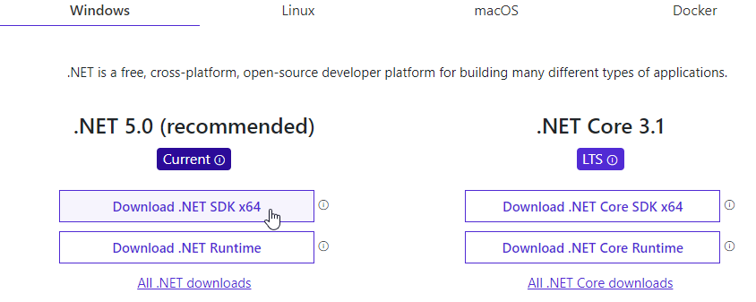 Example of "Download .NET SDK" from .NET downloads page