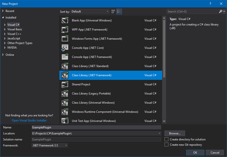New project dialog in Visual Studio