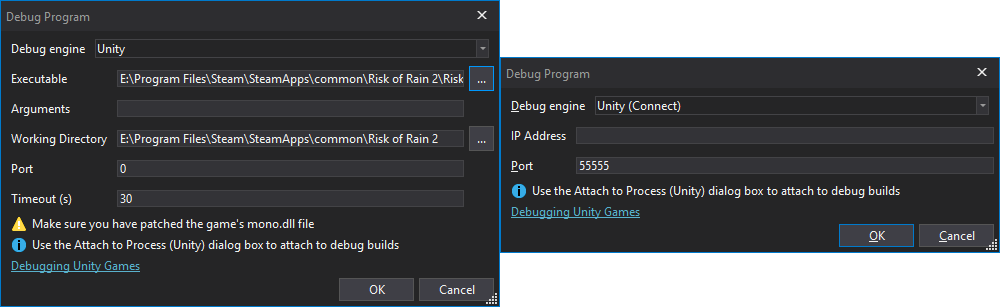 dnSpy's Debug Program dialog.